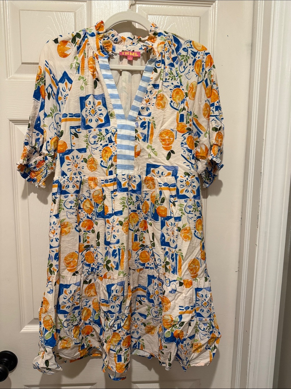 THML Orange & Blue Citrus Print Dress size M like new boutique